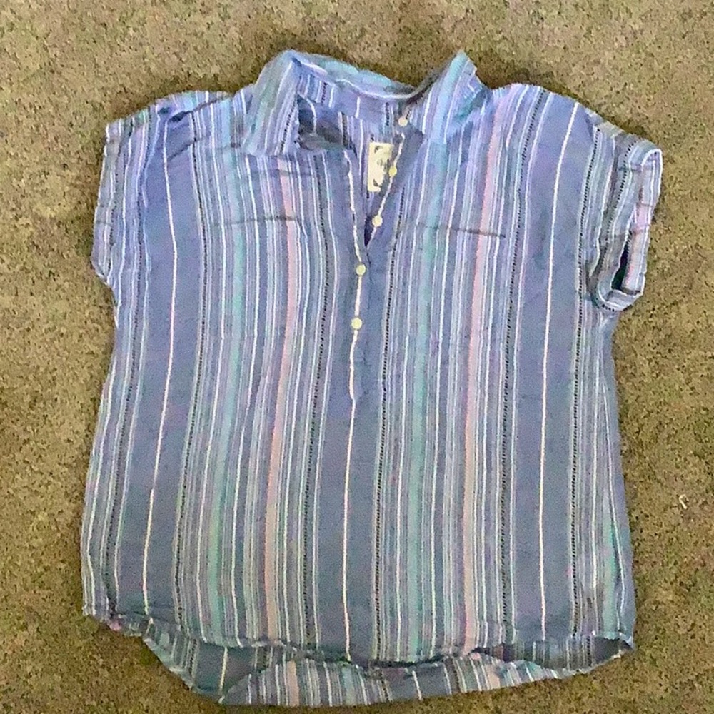 Short sleeve cotton blouse - blue multi striped